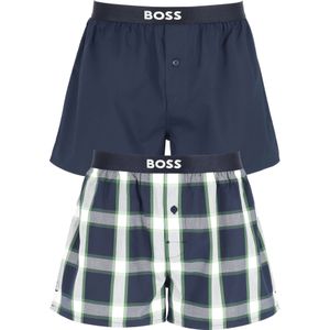 HUGO BOSS boxershorts woven (2-pack), heren boxers wijd model, blauw en blauw met groen geruit -  Maat: M