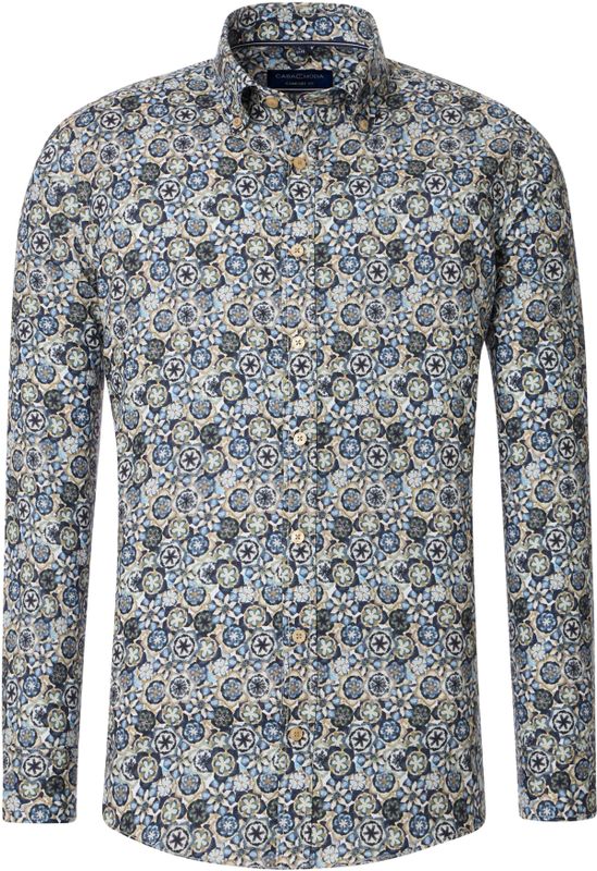 CASA MODA - Sport Comfort Fit - Overhemd - Blauw met Wit Groen en Beige Dessin