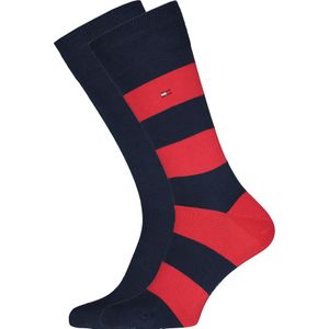 Tommy Hilfiger Rugby Stripe Socks (2-pack), herensokken katoen gestreept en uni, blauw met rood -  Maat: 43-46