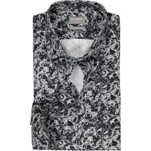 OLYMP comfort fit overhemd, satijnbinding, zwart met wit en grijs dessin 40