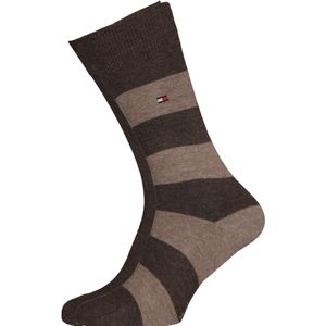 Tommy Hilfiger Rugby Stripe Socks (2-pack), herensokken katoen gestreept en uni, bruin -  Maat: 39-42