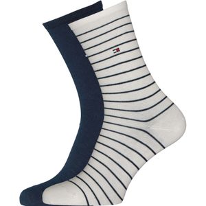Tommy Hilfiger damessokken Small Stripe (2-pack), uni en gestreept katoen, off white met blauw -  Maat: 35-38