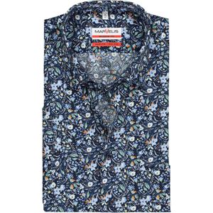 MARVELIS modern fit overhemd, korte mouw, popeline, blauw met gekleurde bloemen dessin 46