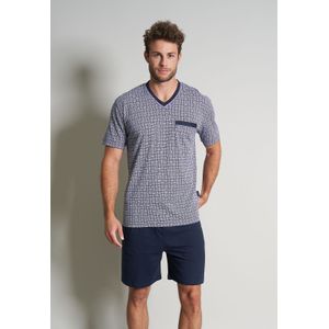 Gotzburg heren shortama V-hals, donkerblauw dessin