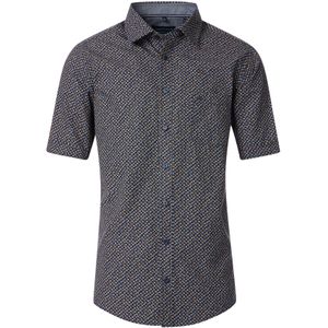 CASA MODA Sport comfort fit overhemd, korte mouw, popeline, donkerblauw met oranje, groen en lichtblauw dessin