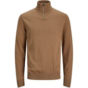 JACK & JONES Emil knit half zip slim fit, heren schipperstrui viscosemengsel met opstaande boord, camel bruin