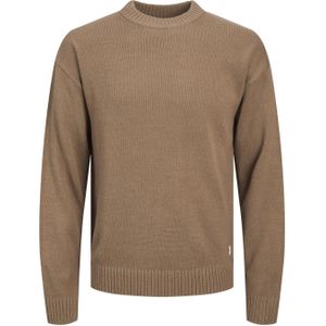 JACK & JONES Jack knit crew neck slim fit, heren pullover katoenmengsel met O-hals, camel bruin -  Maat: S