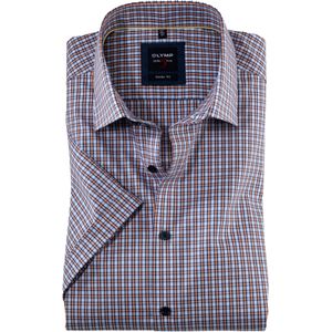 OLYMP Level 5 body fit overhemd, korte mouw, popeline, zalmkleurig geruit
