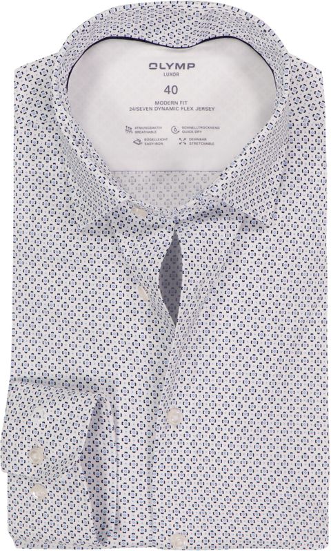 OLYMP - 24/7 Luxor - Overhemd - Wit met Licht- en Donkerblauw Dessin - Strijkvriendelijk