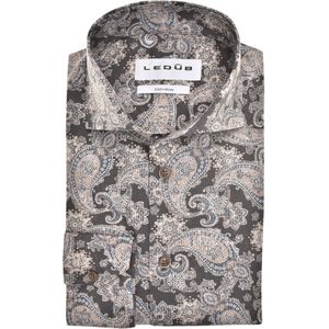 Ledub modern fit overhemd, popeline, bruin met beige en wit paisley dessin