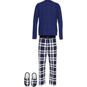 Tommy Hilfiger heren pyjama set, blauw shirt en slippers met blauw met wit geruite broek - Maat: S