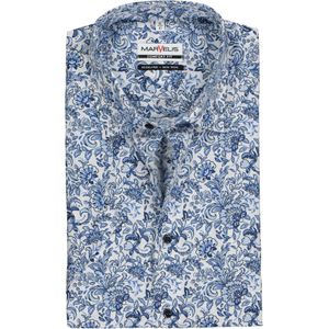 MARVELIS comfort fit overhemd, korte mouw, popeline, wit met blauw bloemen dessin 44