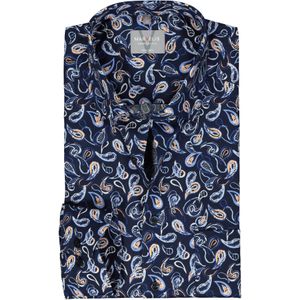 MARVELIS comfort fit overhemd, popeline, donkerblauw met wit, lichtblauw en oranje dessin