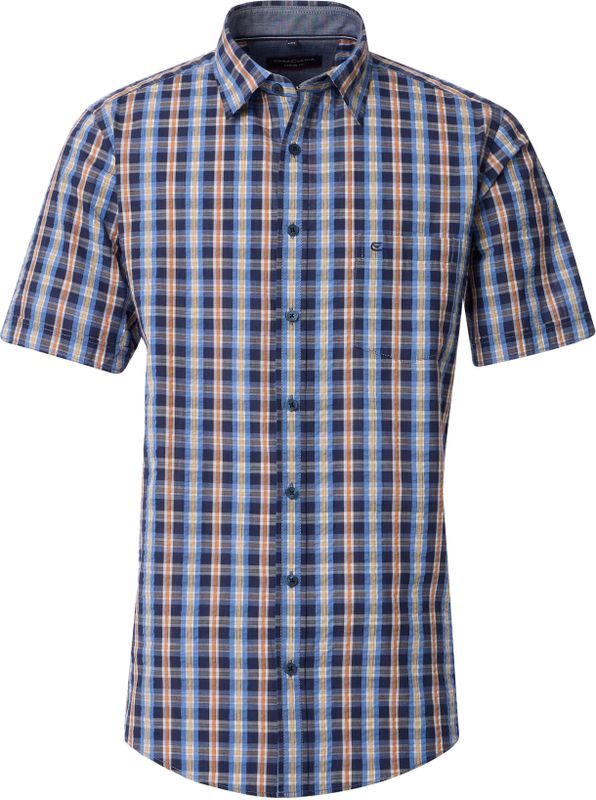 CASA MODA - Sport Casual Fit - Overhemd - Blauw met Oranje en Wit Geruit - Korte Mouw