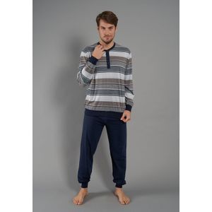 Gotzburg heren pyjama O-hals met knoopjes, middenblauw gestreept -  Maat: 3XL