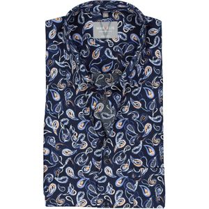 MARVELIS comfort fit overhemd, korte mouw, popeline, donkerblauw met wit, lichtblauw en oranje dessin