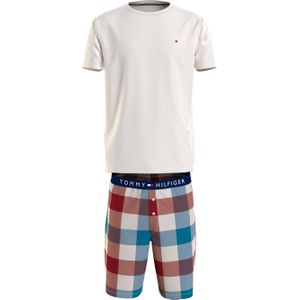 Tommy Hilfiger heren shortama O-hals, Short Woven Set, beige met rood, wit blauw geruite broek -  Maat: S