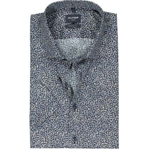 OLYMP modern fit overhemd, korte mouw, popeline, donkerblauwmet beige bloemetjes dessin