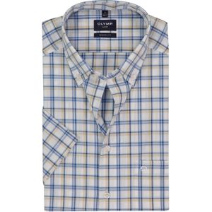 OLYMP - Modern Fit - Overhemd - Wit met Blauw en Beige Geruit - Korte Mouw - Strijkvrij