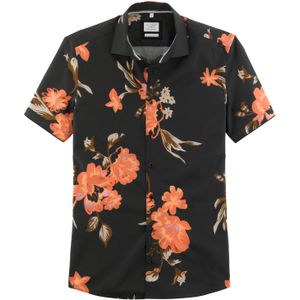OLYMP Smart Casual Level 5 body fit overhemd, korte mouw, popeline, zwart dessin