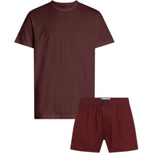 Calvin Klein heren shortama O-hals, donkerrood shirt, dessin broek - Maat: M