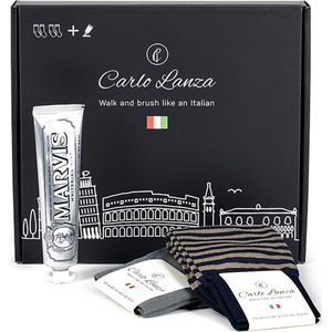 Carlo Lanza - Geschenkdoos - Grijs en Donkerblauw Gestreept - Sokken en Tandpasta