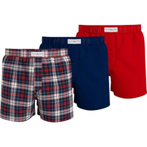 Tommy Hilfiger wijde boxershorts (3-pack), katoenen shorts woven boxer, rood, blauw en geruit -  Maat: M