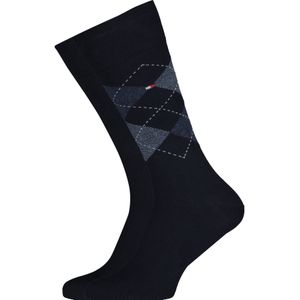 Tommy Hilfiger Check Socks (2-pack), herensokken katoen, geruit en uni, donkerblauw