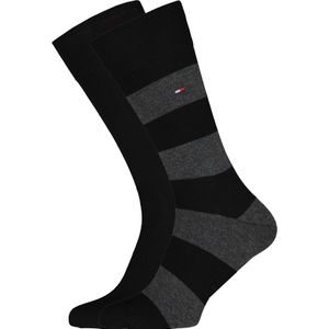Tommy Hilfiger Rugby Stripe Socks (2-pack), herensokken katoen gestreept en uni, zwart met grijs -  Maat: 39-42