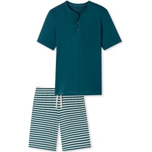 SCHIESSER Casual Nightwear pyjamaset, heren pyjama short organic cotton knoopsluiting strepen jeans blauw -  Maat: XL