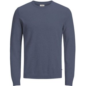 JACK & JONES Basic knit crew neck slim fit, heren pullover katoen met O-hals, middenblauw