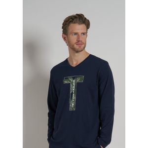 TOM TAILOR heren T-shirt lange mouw met V-hals (1-pack), donkerblauw -  Maat: XL