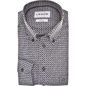 Ledub modern fit overhemd, popeline, blauw met beige en wit dessin