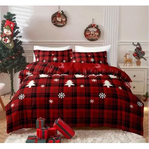 Kerst dekbedovertrek cadeauset (180x210), 3-delig, rood met zwart geruit met kerstprint in cadeaudoos