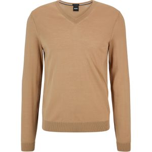 BOSS Melba slim fit trui wol, heren pullover met V-hals, midden beige