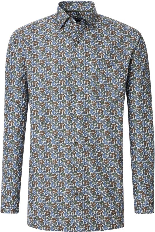 CASA MODA - Comfort Fit Overhemd - Blauw Groen Bruin Wit Dessin - Popeline