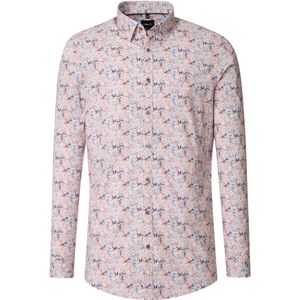 VENTI body fit overhemd, popeline, wit met beige, blauw en donkerrood dessin