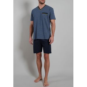 Gotzburg heren shortama V-hals, middenblauw dessin
