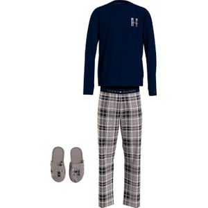 Tommy Hilfiger heren pyjama O-hals, woven flannel slippers set, blauw met bruin geruite broek en bijpassende sloffen -  Maat: S