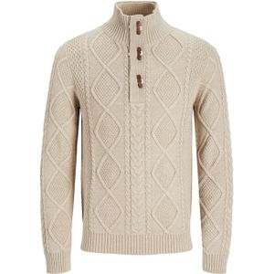 JACK & JONES Jean cable knit high neck slim fit, heren pullover katoenmengsel met opstaande boord, beige melange -  Maat: XL