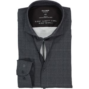 OLYMP Level 5 body fit overhemd 24/7, mouwlengte 7 tricot, zwart met grijze Prince de Galles ruit (contrast) 43