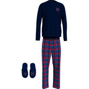Tommy Hilfiger heren pyjama O-hals, woven flannel slippers set, blauw met geruite broek en bijpassende sloffen