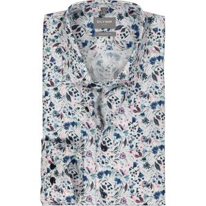 OLYMP comfort fit overhemd, popeline, wit met blauw en roze bloemen dessin 44