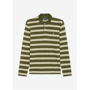 Marc O'Polo regular fit polo, heren poloshirt lange mouw, groen met beige gestreept -  Maat: 3XL