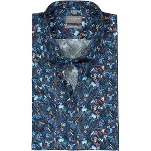 OLYMP comfort fit overhemd, korte mouw, popeline, donkerblauw bloemen dessin - Maat: 43 43