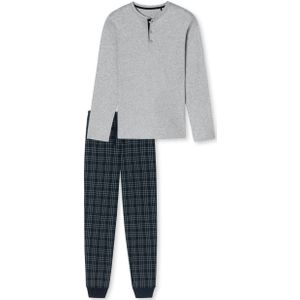 SCHIESSER Fine Interlock pyjamaset, heren pyjama lang interlock manchetten knoopsluiting geruit grijs-melange -  Maat: L