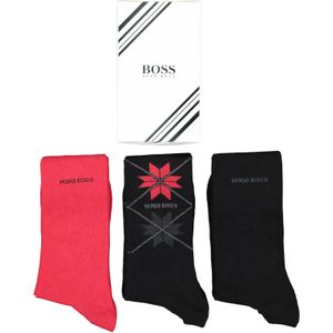 HUGO BOSS cadeauset sokken, giftbox met 3 paar heren sokken, zwart, rood en sneeuwvlok dessin
