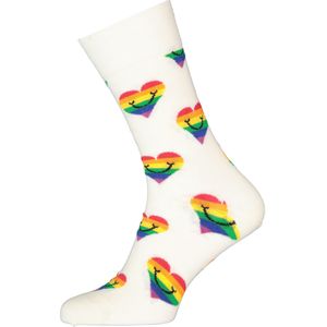 Happy Socks Pride Heart Sock, unisex sokken, wit met regenboog hartjes - Unisex - Maat: 41-46
