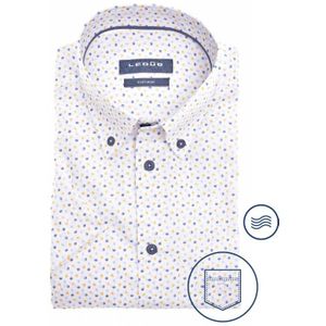 Ledub modern fit overhemd, korte mouw, wit met lichtgeel en blauw dessin 46