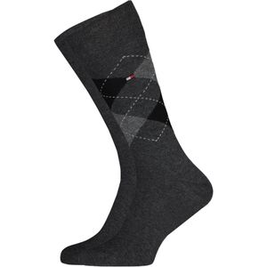 Tommy Hilfiger Check Socks (2-pack), herensokken katoen, geruit en uni, antraciet -  Maat: 39-42